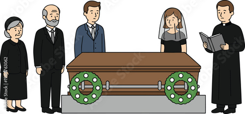 Funeral service vector illustration featuring grieving family members standing by a wooden casket with wreaths and a priest reading
