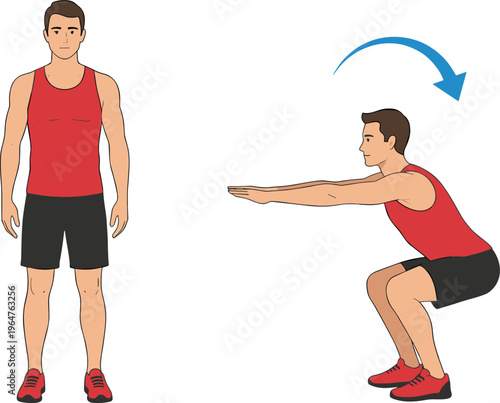Man performing bodyweight squat exercise workout sequence with instructional arrow for fitness training health and home gym routine.