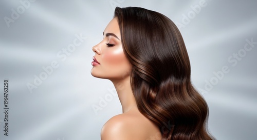 Professional studio portrait of a woman with luxurious, flowing brown hair, beautifully styled and highlighted, showcasing a healthy sheen and volume against a soft, radiant background