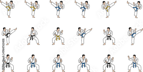 Martial arts vector set featuring karate athletes in various fighting poses kicks and stances with different belt rankings for training.