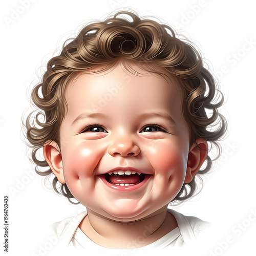 Cute curly hair baby smiling adorable child portrait illustration On Isolated Transparent Background