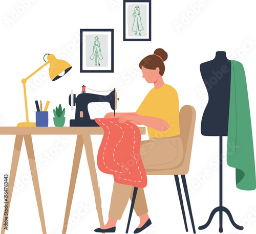 Professional female tailor working on sewing machine in fashion studio with mannequin fabric and sketches for clothing design.