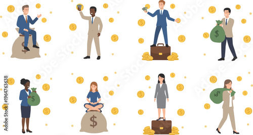 Successful business people celebrating financial wealth with money bags gold coins and briefcases for investment and banking concepts.