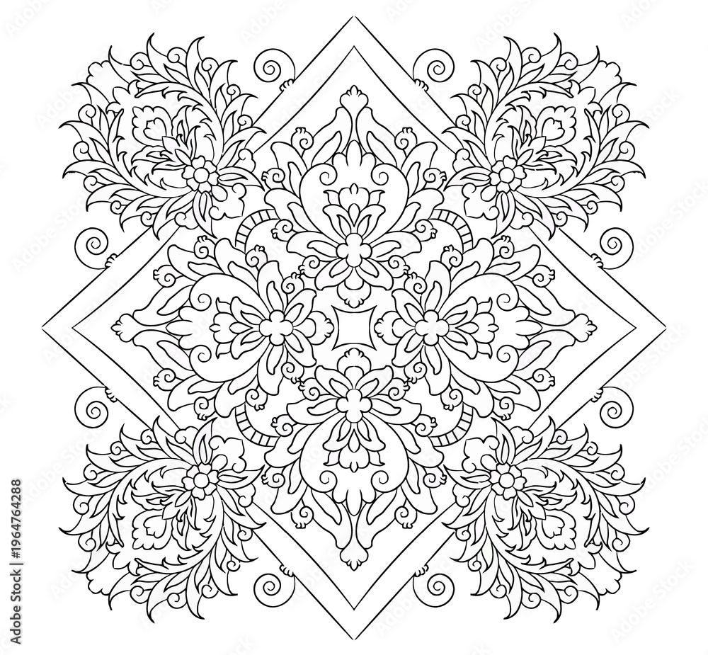 Fototapeta premium Square floral ornament motif coloring page