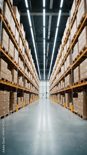 This shows a large warehouse with high storage shelves filled with cardboard boxes. The facility is well-lit with bright lights and has a clean gray floor. The rows of shelves stretch into the