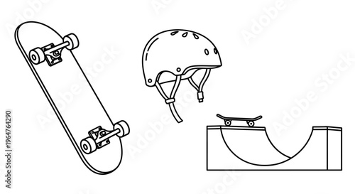 Skateboarding equipment set vector illustration. Line art drawing of skateboard, safety helmet, and half-pipe ramp for extreme sports.