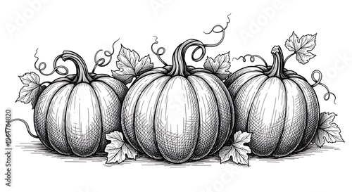 Detailed ink illustration of three pumpkins with vines and leaves, black and white