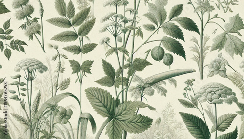 Abstract green and white vintage botanical wallpaper design with intricate scene background with texture.