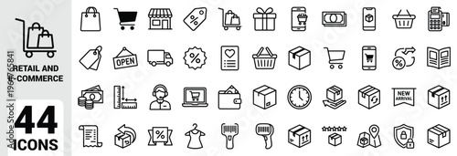 Modern retail and e‑commerce line icon set featuring shopping bags, carts, delivery, payment, discounts, customer support, mobile shopping, storefronts, receipts, clothing, and secure checkout symbols