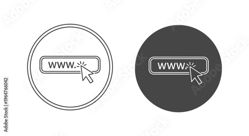 Two identical website address bar icons, one in a white circle and one in a dark circle, show an active cursor clicking the www link.
