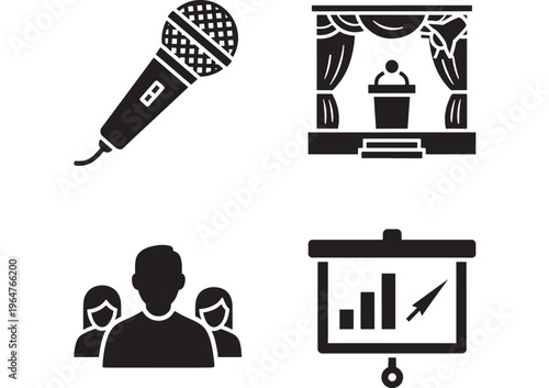 Microphone with public speaking and presentation icons, including a podium and graph featuring business, communication, speech with conference and