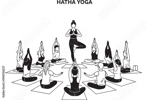 People practicing Hatha Yoga in a group setting with various poses featuring meditation, mindfulness, wellness with fitness and exercise elements for