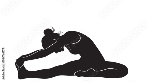 Woman doing yoga pose with bent knees and stretched arms in black silhouette. featuring fitness, exercise, flexibility with stretching and meditation