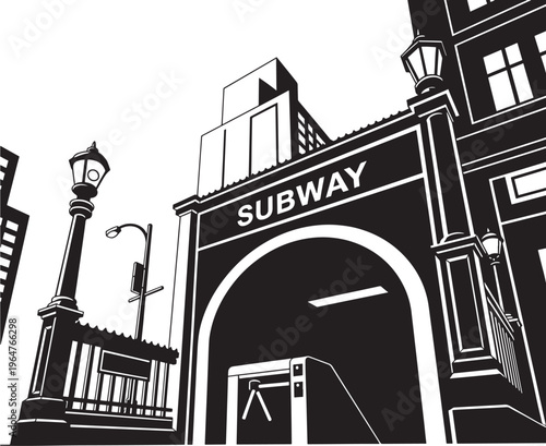 Subway entrance with urban cityscape and streetlights at night featuring city, streetlight, lamp post with tunnel and underground elements for