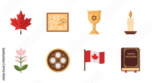 Canadian and Jewish cultural symbols arranged in a grid illustration