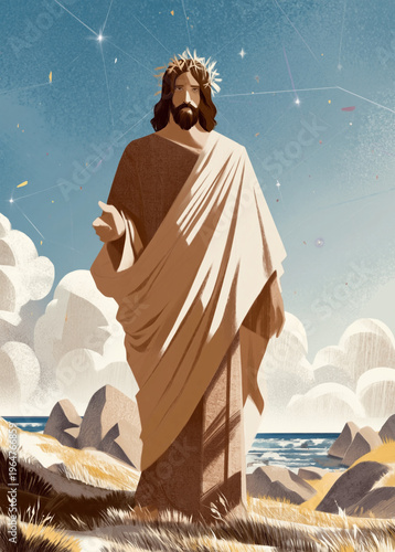 Christ. Spiritual guidance and divine peace concept. Jesus Christ standing on a rocky ocean shore under a starry sky. Serene religious illustration perfect for faith-based concepts, worship, Easter