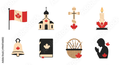 Canadian symbols and religious iconography arranged in a flat illustrative style