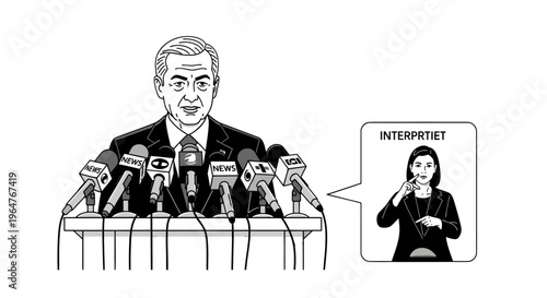 Businessman speaking at a press conference with a sign language interpreter.