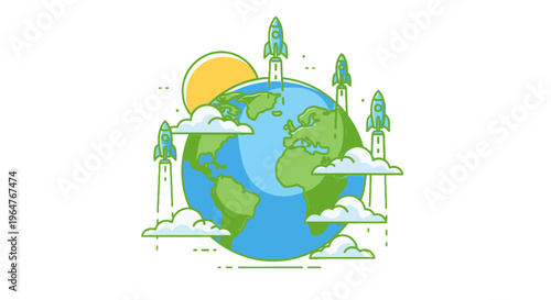Earth with trees and sun illustration.