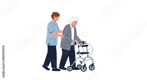 Elderly woman using walker with assistant.