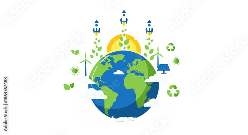 Earth with eco-friendly icons around it.