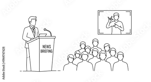 A man giving a speech to an audience with a sign language interpreter.