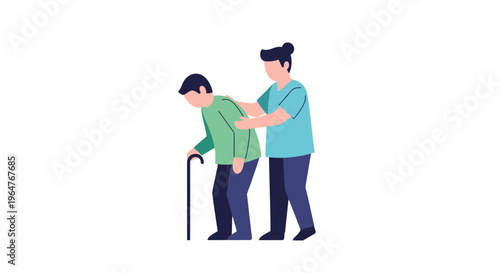 Elderly man with walking stick assisted by caregiver.
