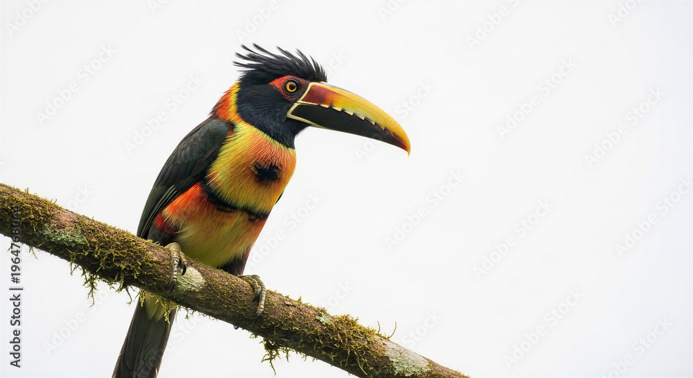 Fototapeta premium Curly-billed toucan sitting on a branch against a white background