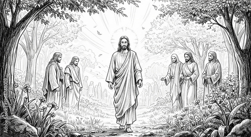 Jesus Christ walking in the Garden of Gethsemane in a pencil drawing style
