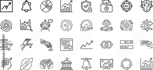 Online stock trading and automated financial services thin line icons