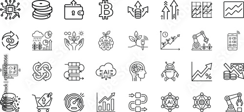 Sustainable green technology and artificial intelligence agriculture icon set