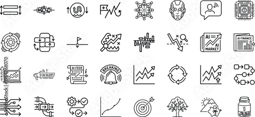 Digital communication and artificial intelligence market alert line icon set