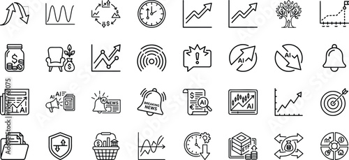 Financial investment portfolio and artificial intelligence market news icon set