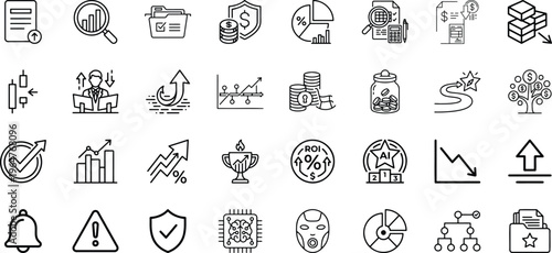 Business performance tracking and return on investment analytics icon set