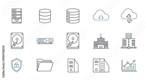 Set of diverse data storage, cloud computing, network security, and business technology line icons for IT infrastructure and digital solutions.