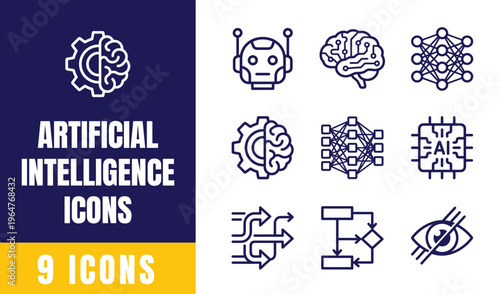 Artificial Intelligence Line Icons Set — AI Brain Gear, Robot Face, Neural Network, Chip Circuit, Data Flow, Algorithm Diagram, Machine Learning, Eye Recognition