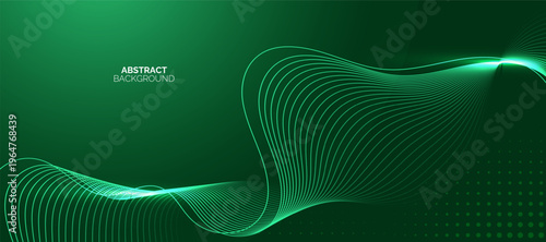 Abstract green wave background shining lines. Dynamic wave pattern. Futuristic technology concept.