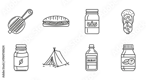 Outline Icons Set: Food, Cooking Utensils, Camping Tent, and Jarred Products - Minimalistic Line Art Collection