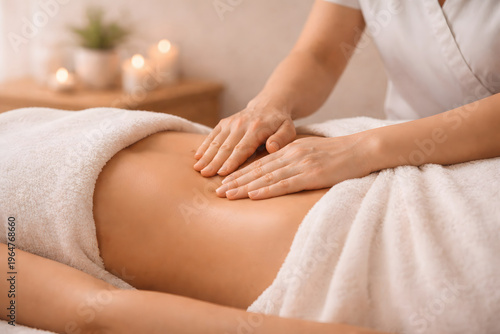 Side view of manual lymphatic drainage massage on the abdomen in a spa room. Light repetitive movements demonstrate a wellness treatment for detox support and swelling reduction