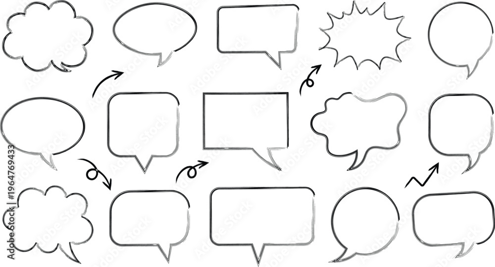 Fototapeta premium Collection of various hand drawn speech bubbles and thought clouds isolated on white background
