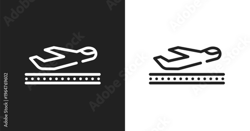Takeoff the plane icon. Linear black, white icon from in the airport collection. Outline takeoff the plane vector. Thin line symbol isolated on white and black background
