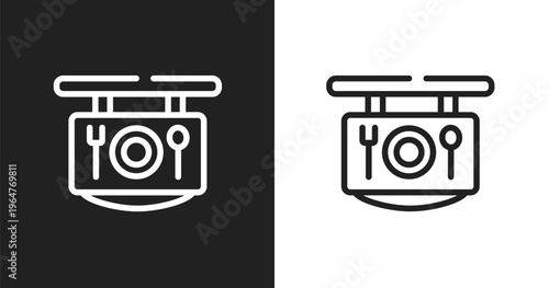 Restaurant sign icon. Linear black, white icon from airport and travel collection. Outline restaurant sign vector. Thin line symbol isolated on white and black background