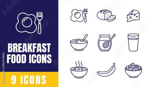 Breakfast Food Line Icons Set — Fried Eggs, Fork, Bread Loaf, Cheese, Oatmeal Bowl, Honey Jar, Glass of Milk, Soup Bowl, Banana, Granola