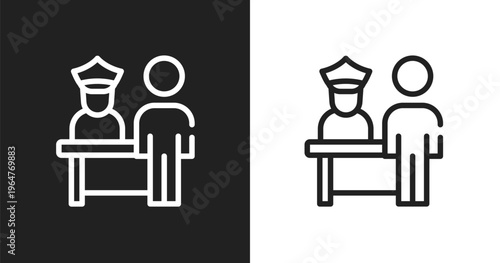 Airport check in sign icon. Linear black, white icon from airport and travel collection. Outline airport check in sign icon vector. Thin line symbol for use on web and mobile apps, logo, print