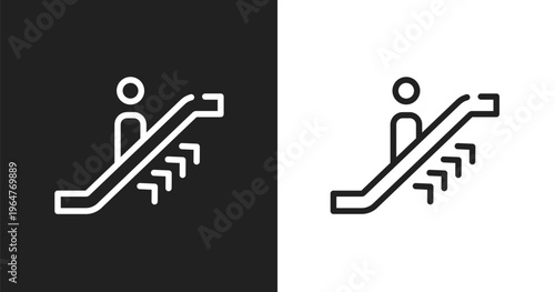 Upwards escalator icon. Linear black, white icon from airport and travel collection. Outline upwards escalator vector. Thin line symbol isolated on white and black background