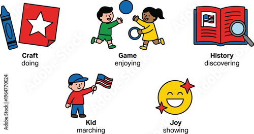 A group of colorful icons represents different activities enjoyed by children, such as crafts, playing games, marching, and expressing joy.