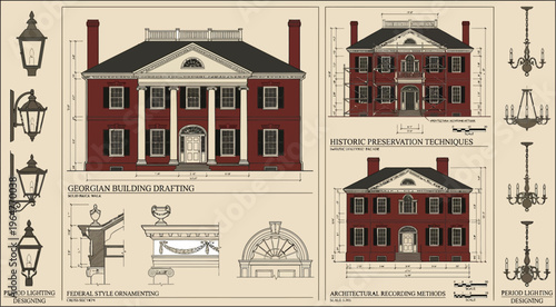 Detailed architectural blueprints display Georgian building drafting techniques, including elevation views and ornamental lighting fixtures.