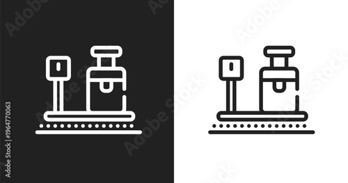 Travelling baggage weight icon. Linear black, white icon from airport collection. Outline travelling baggage weight vector. Thin line symbol isolated on white and black background
