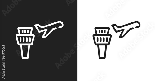 Airplane and airport tower icon. Linear black, white icon from airport collection. Outline airplane and airport tower vector. Thin line symbol isolated on white and black background
