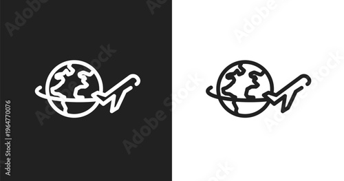 Airplane travel around the world icon. Linear black, white icon from airport collection. Outline airplane travel around the world icon vector. Thin line symbol for use on web and mobile apps, logo,